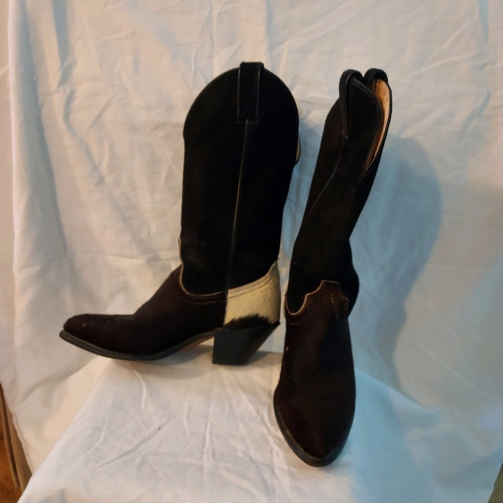 Cowboy boots! Black & cream cow skin base, suede shaft, size 6, runs small.